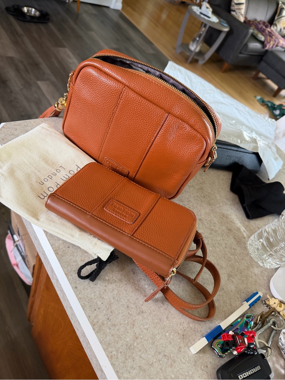 Pebbled Crossbody Bag with Matching Wallet in Saddle Brown
